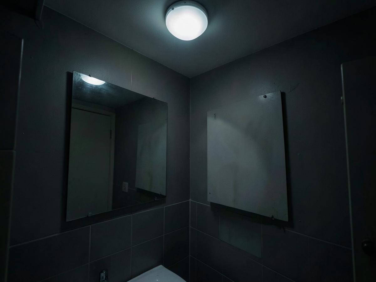 Baño pequeño con una luz de techo fría y sombras sobre el espejo